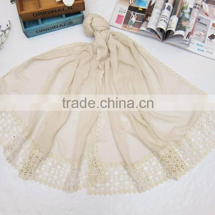 Wholesale Embroidery Lace Brim Women Ladies Plain Cotton Linen Scarf Shawl