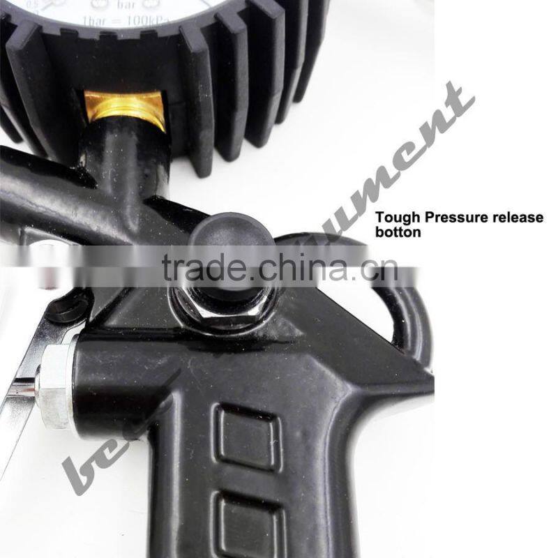 BECO portable air compressor tire inflator with dial pressure gauge