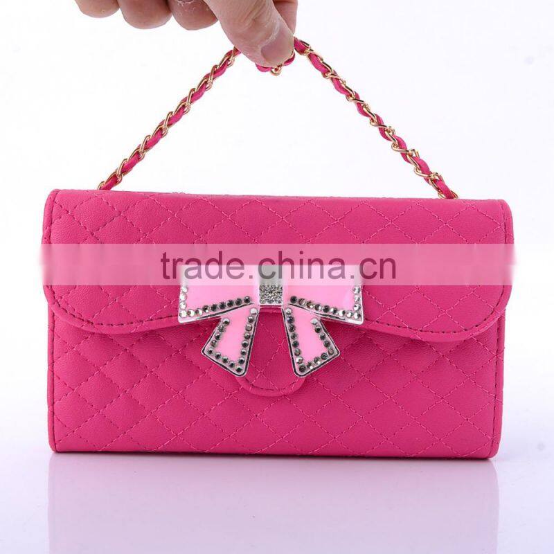 Wallet Design Bright Grid Handbag Magnetic Flip PC PU Leather Case for Samsung Galaxy S6 with Rhinestone Bowknot Buckle