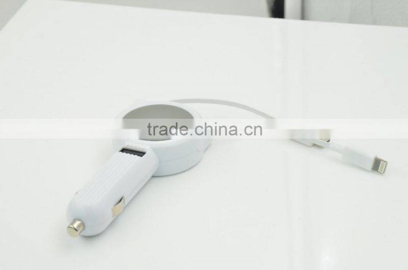 New design protable 3.1A car battery charger with double retractable built-in cable for iphone/samsung/Type-C/htc/blackberry