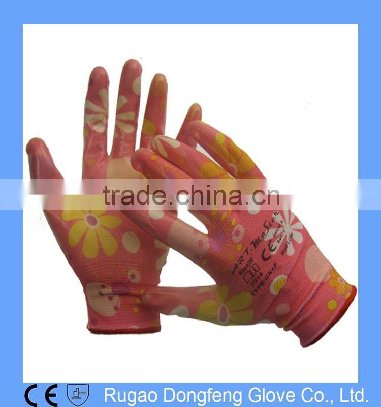 Polyester Printing Transparent Nitrile Coated Gardening Gloves
