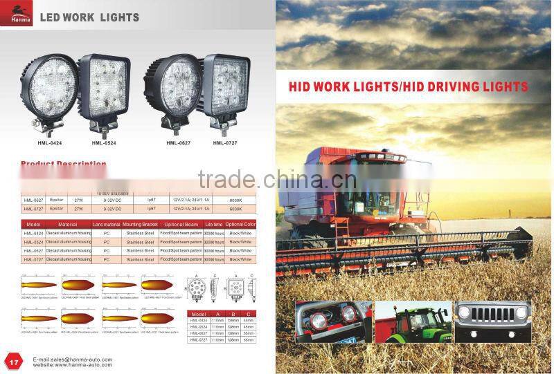 12/24V LED work light 27W, flood/spot beam, Truck, tractor,trailer, offroad driving for Jeep,suv,atv,motorcycle,4X4car,IP67