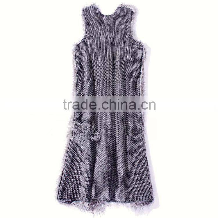 2016/2017 New Style Women Dark Brown Knitted Rabbit Fur Long Vest with Sleeveless