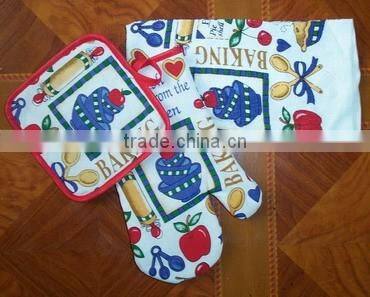 3 pcs silk screen print cotton kitchen towel and pot holder oven mitten set