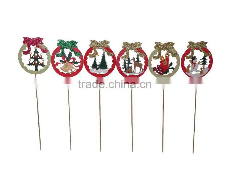 Wooden christmas ribbon shape Stick with snowman /tree/elk/bell/candle LOGO ornament XMAS ribbon with glitter stick for garden D