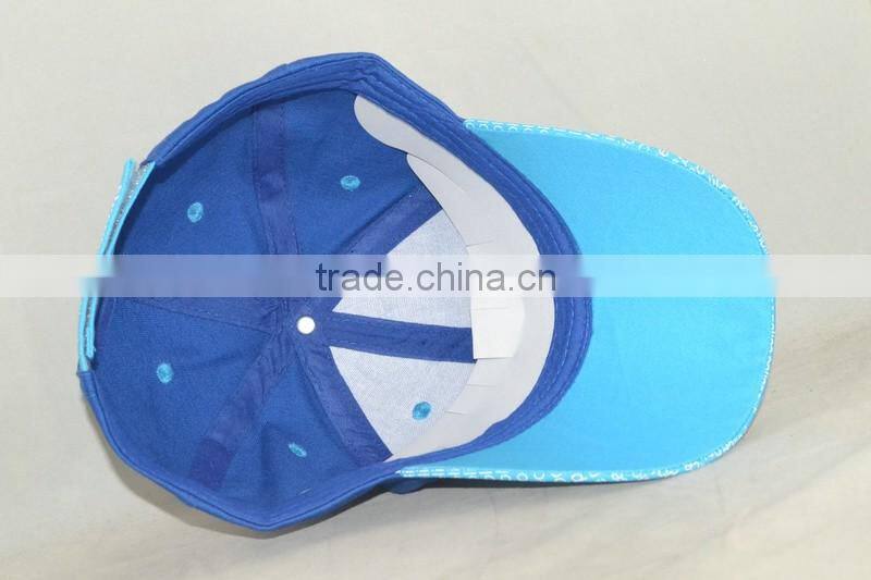 Guangzhou hat factory professional custom 6 panel / 100% cotton/blue/brim printing/baseball cap