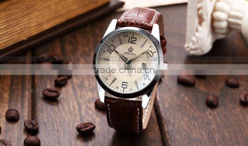 Orkina Coffee Leather Stainless Steel Case Chrono Quartz Men's Analog Sport Watch