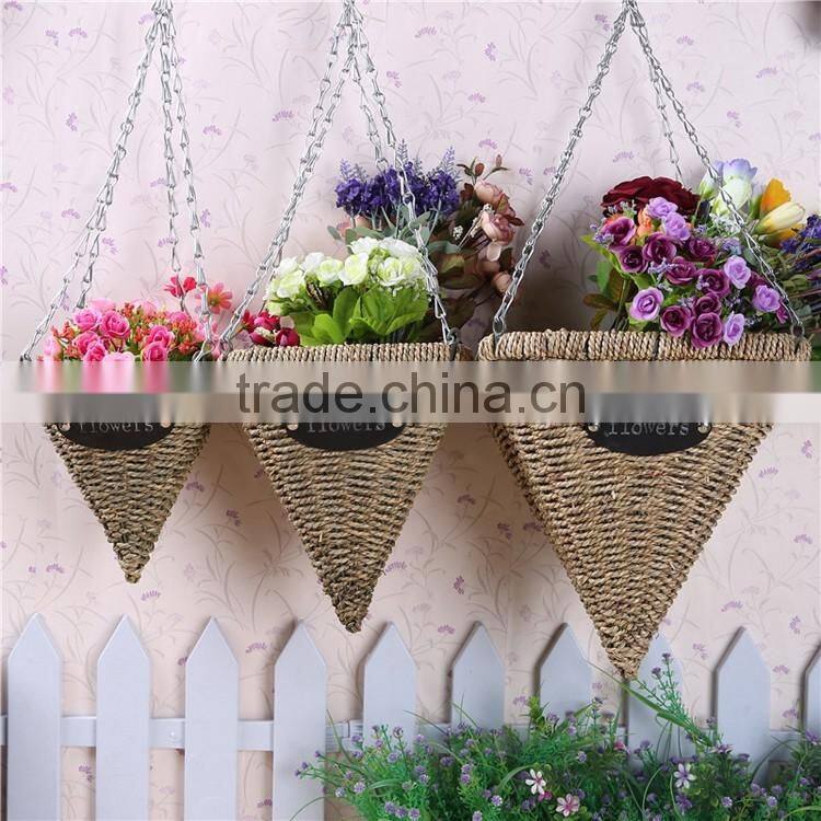 Cone shape natural straw woven flower decorative hanging basket