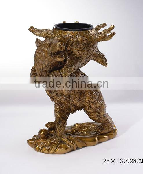 Lovely Ceramic Bear Carring Bronze Basket Decorative Wine Bottle & Glasses Holder, Imitated Porcelain Bear With Brass Wine Rack