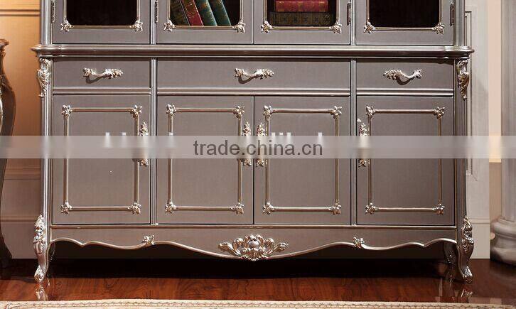 Luxury European Style Bookcase, New Classic Silver Hand Carved Bookshelf, Simple Design Wooden Book Cabinet (BF01-ML015)
