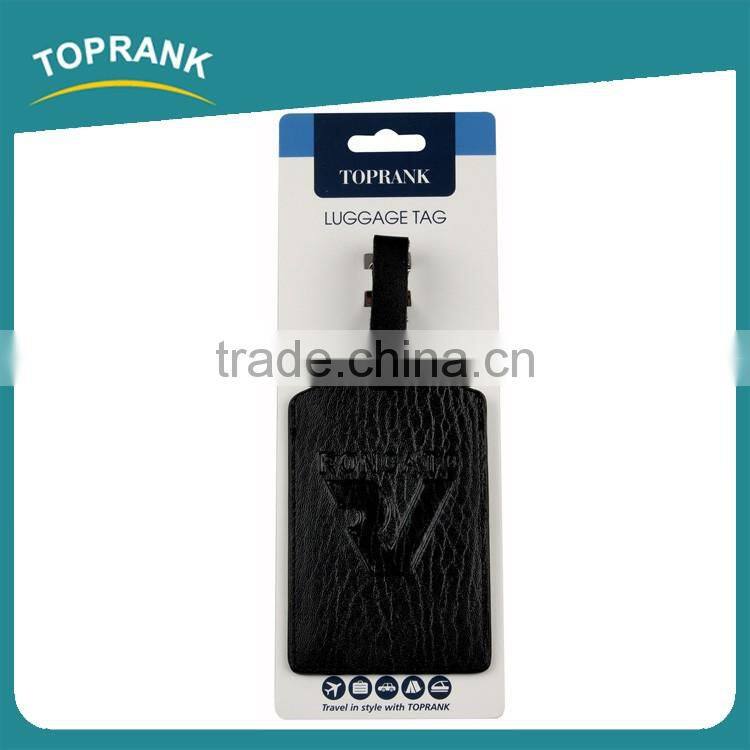 Toprank Wholesale Custom Exquisite Embossed Black Leather Pu Luggage Tag Strip Airplane Hang Travel Tag