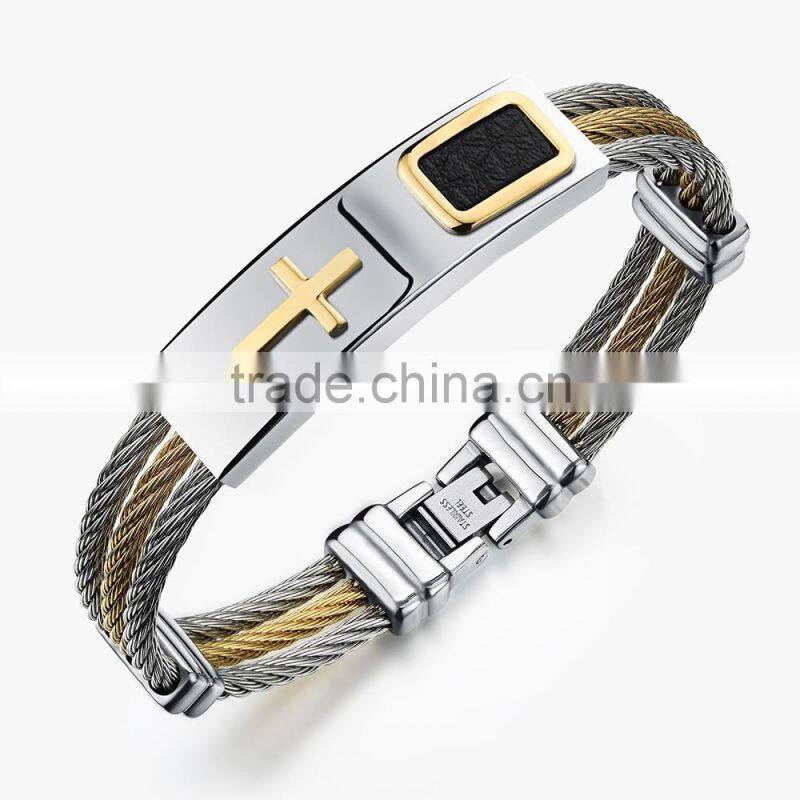 Men's Bracelet 3 Rows Wire Chain Bracelets Bangles Punk Rock Stainless Steel Cross Bracelet Men Christian Men Jewelry