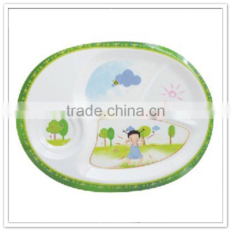 Food contact oval shape kindergarten canteen school 3 sectioal melamine plate