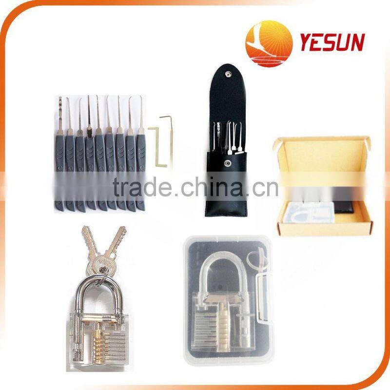 Padlock and lockpick tool set with plastic box & leather bag & brown box packing