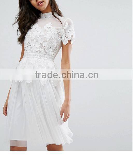 Guangzhou Wholesale Clothing OEM High Neck Sleeveless Lace Evening Dress With Pleated Skirt