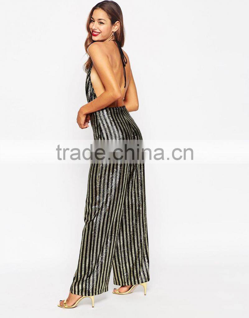 2015 fashionable hot sale OEM customized Allover Sequin Stripe Halter Jumpsuit