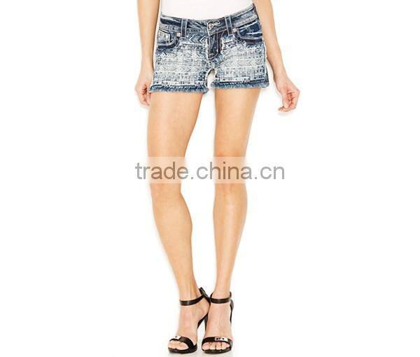 Aztec-Print Frayed Short Shorts, Medium Wash