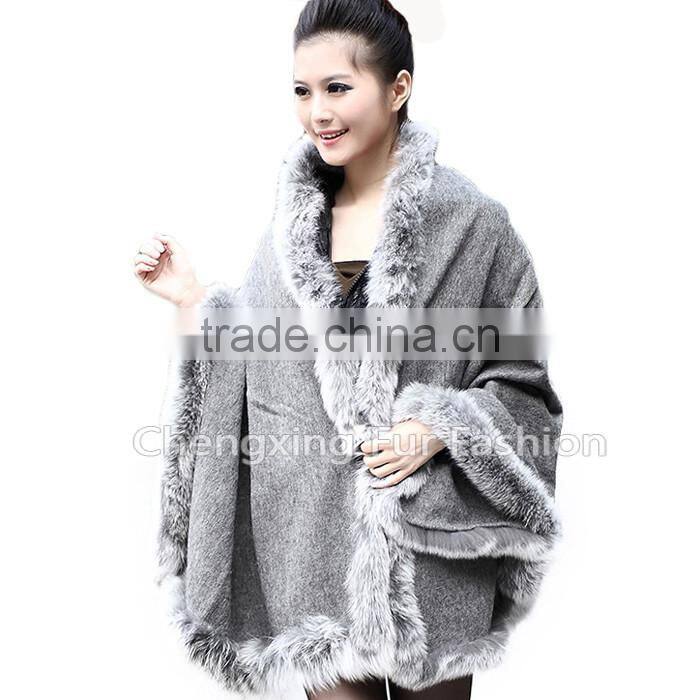 CX-B-P-25E 2016 New Product Fur Poncho Fur Cape With Fox Fur Trimmed