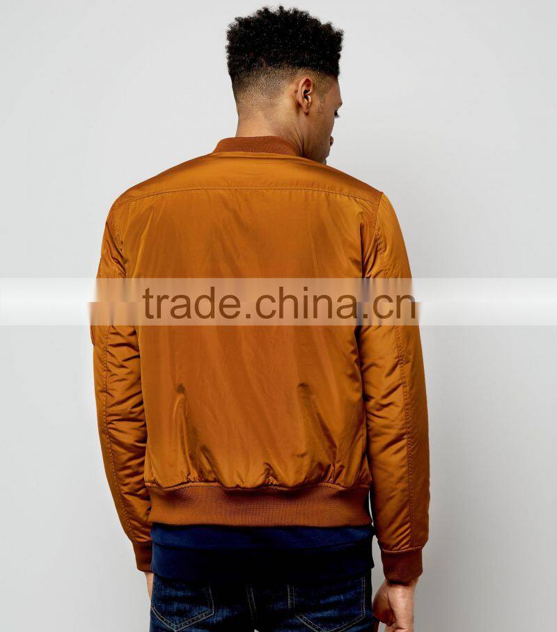 Hot Sale 2017 Fashion Customize Mens Camel Bomber Jacket Cuffed Hem 100% Polyester Double Pocket Sides