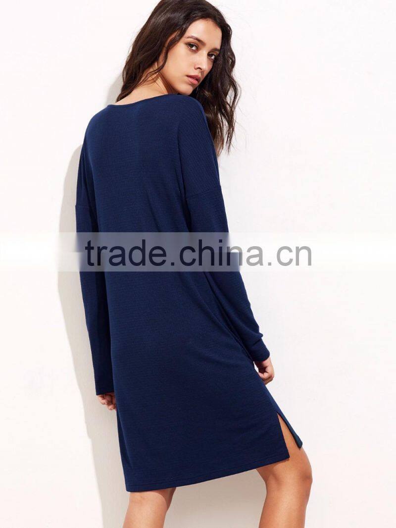Navy Drop Shoulder Long Sleeve Side Slit Dress Polyester Spandex Casual Plain V Neck Short Dress