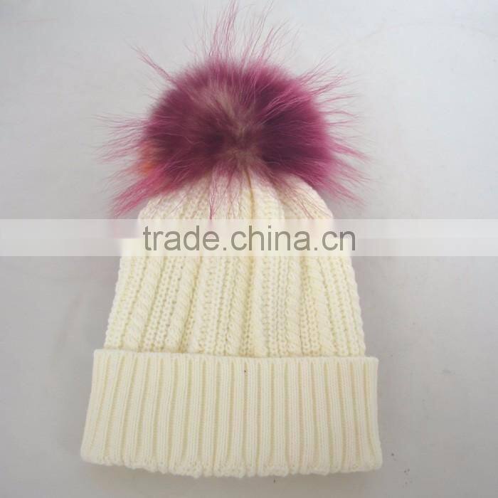 Myfur Elegant Women White Color Wool Blend Hat and Cap with Fur Ball Top