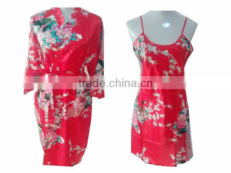 Summer Two pieces Woman long Satin bathrobe Kimono Robes PC046