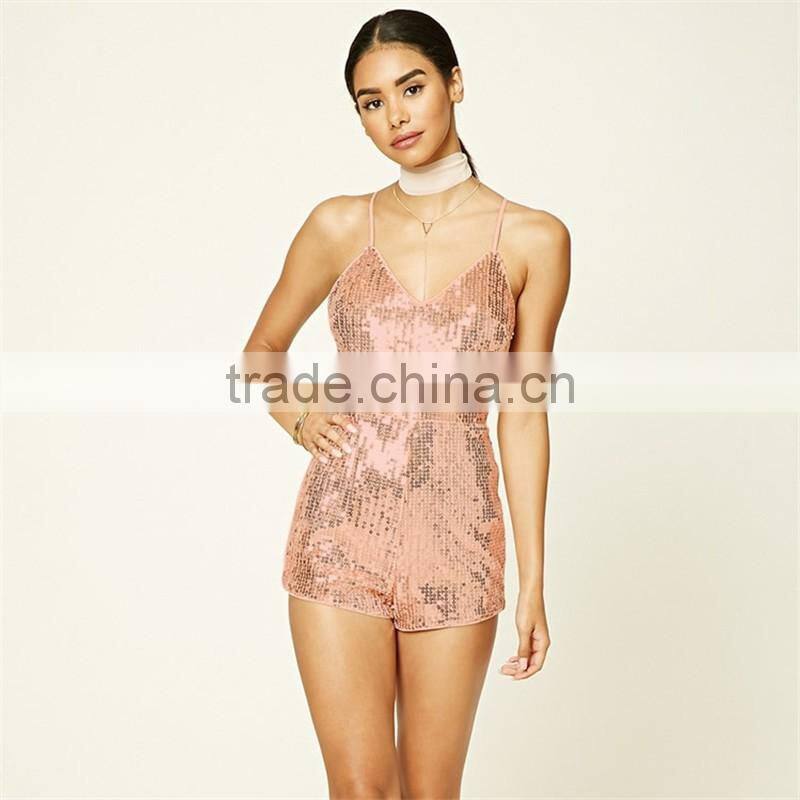 Custom design adult formal v-neck cutting sequin jumpsuit for ladies