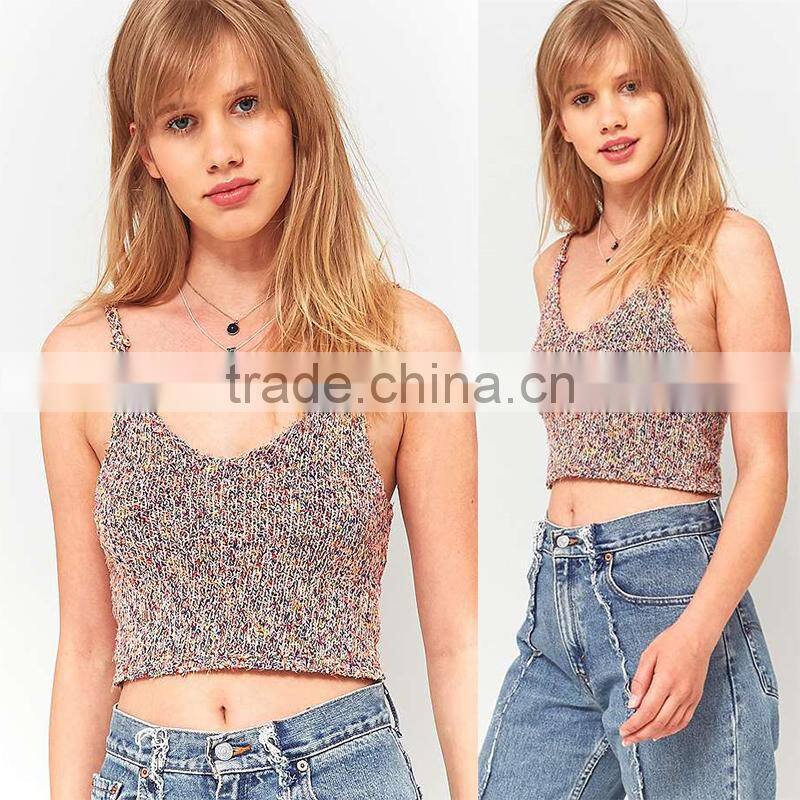 2017 Unique women colorful knit fabrication v-neck thin straps knit crop tops
