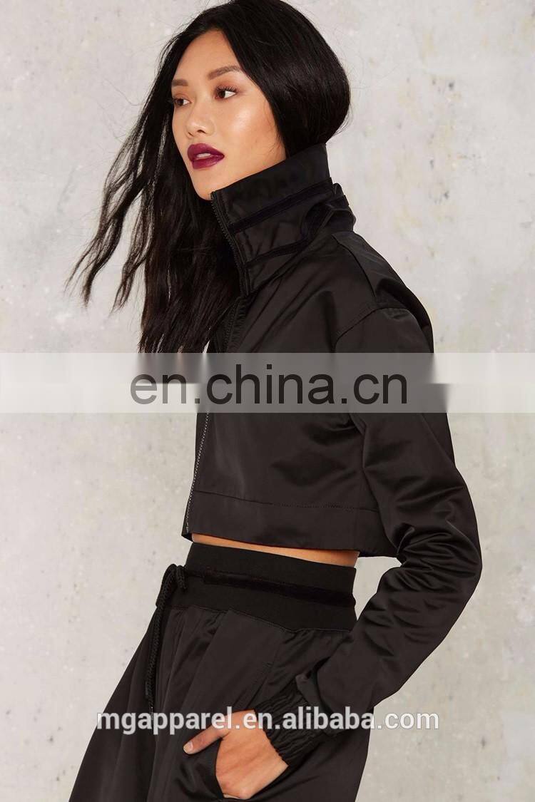 Wholesale woman coats and jackets, women high neck black track jacket