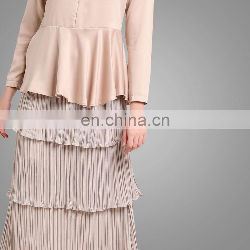 2017 Peplum Modern Baju Kurung Pleated Skirt Satin Baju Suits Muslim Women Clothing