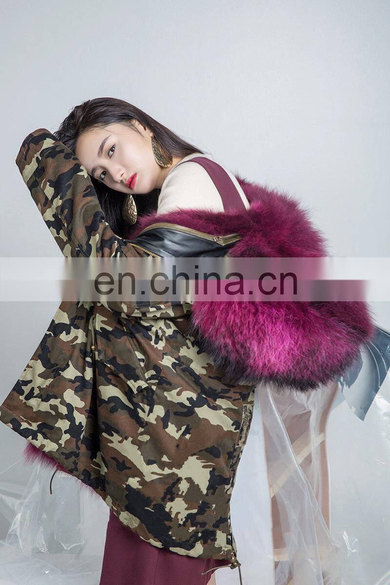 2016 Hot Sell Chinese Military Big Raccoon Fur Collar Parka Real Fox Fur Linling Camouflage Coat Women Winter Parka