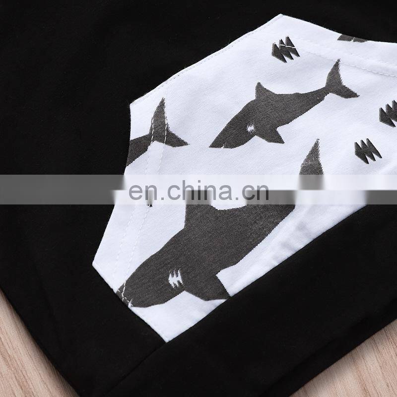 2019 summer kids cotton shark print hoodies top tshirt & baby animal pp pants shorts 2pc set