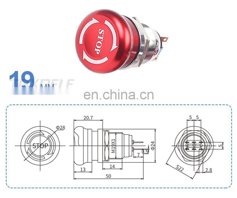 19mm 22mm Emergency STOP Push Button Switch 1NO1NC 2NO2NC Waterproof Stainless Steel Mushroom Metal Aluminum