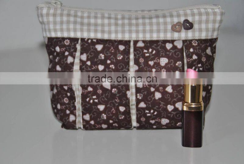 Beautiful pattern printing with plaid trim flax cosmetic bag