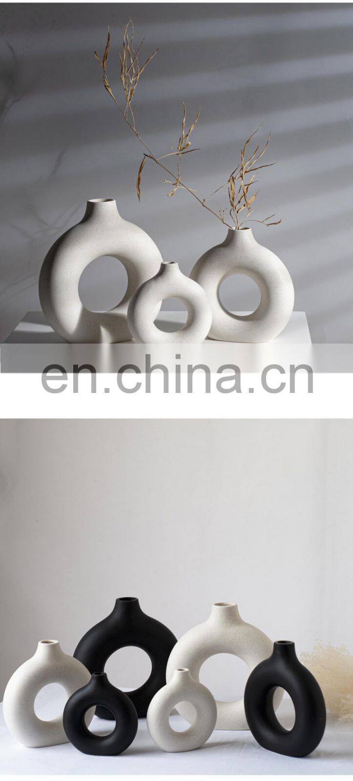 Black Circular Hollow Ceramic Vase Donuts Nordic Flower Pot Home Decoration Accessories Office Living Room Interior Decor