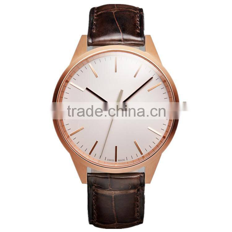 Brushed PVD steel stainless steel case watch waterproof 5ATM Date and Day function movement black nappa leather