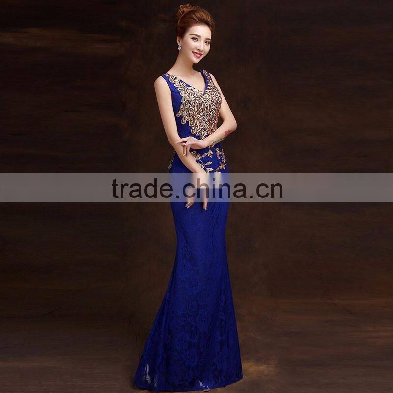 Women's Blue V-Neck Print Floor-Length dress