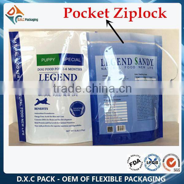 Standing Up Plastic Pet Food Packaging Bags With Pocket Zip