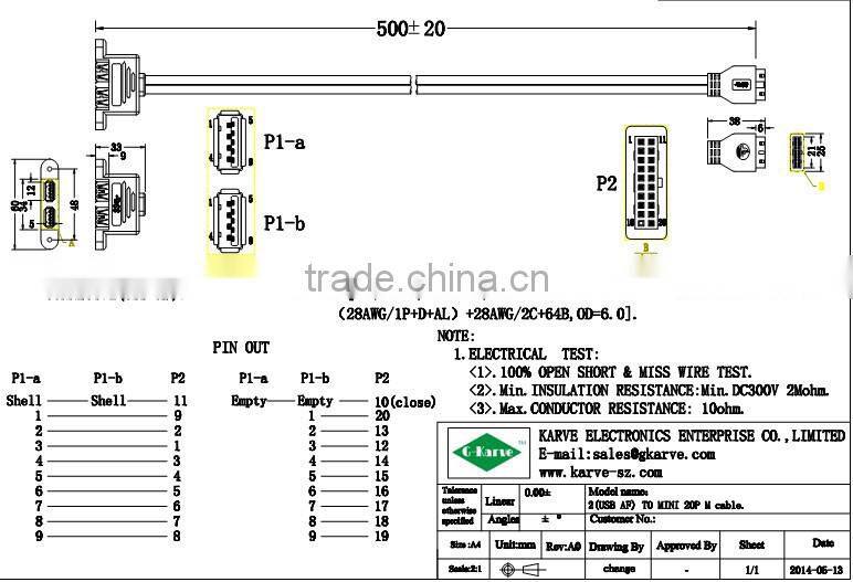 high quality USB AF*2 TO 20P Housing 3.0 cable