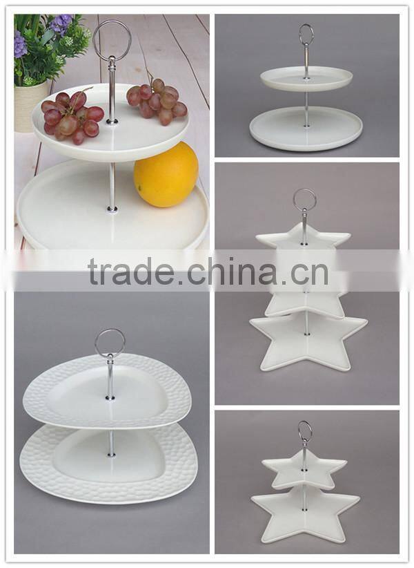 Ceramic 2-tier layered cake stand with silver handle fittings