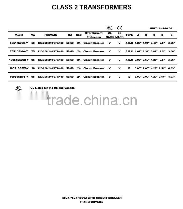 UL CUL CSA CE 120V ac class 2 transformer for garage door opener, UL control transformer