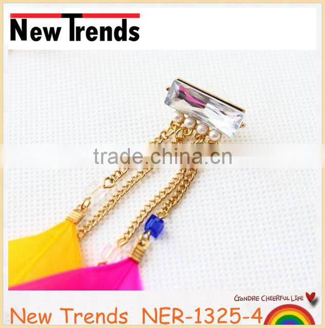 Fashion new design colorful long feather earring with clear crystal
