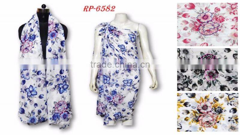 PRINTED SCARVES WITH POMPOM EMBROIDERY SHAWL SCARF PAREO SARONG