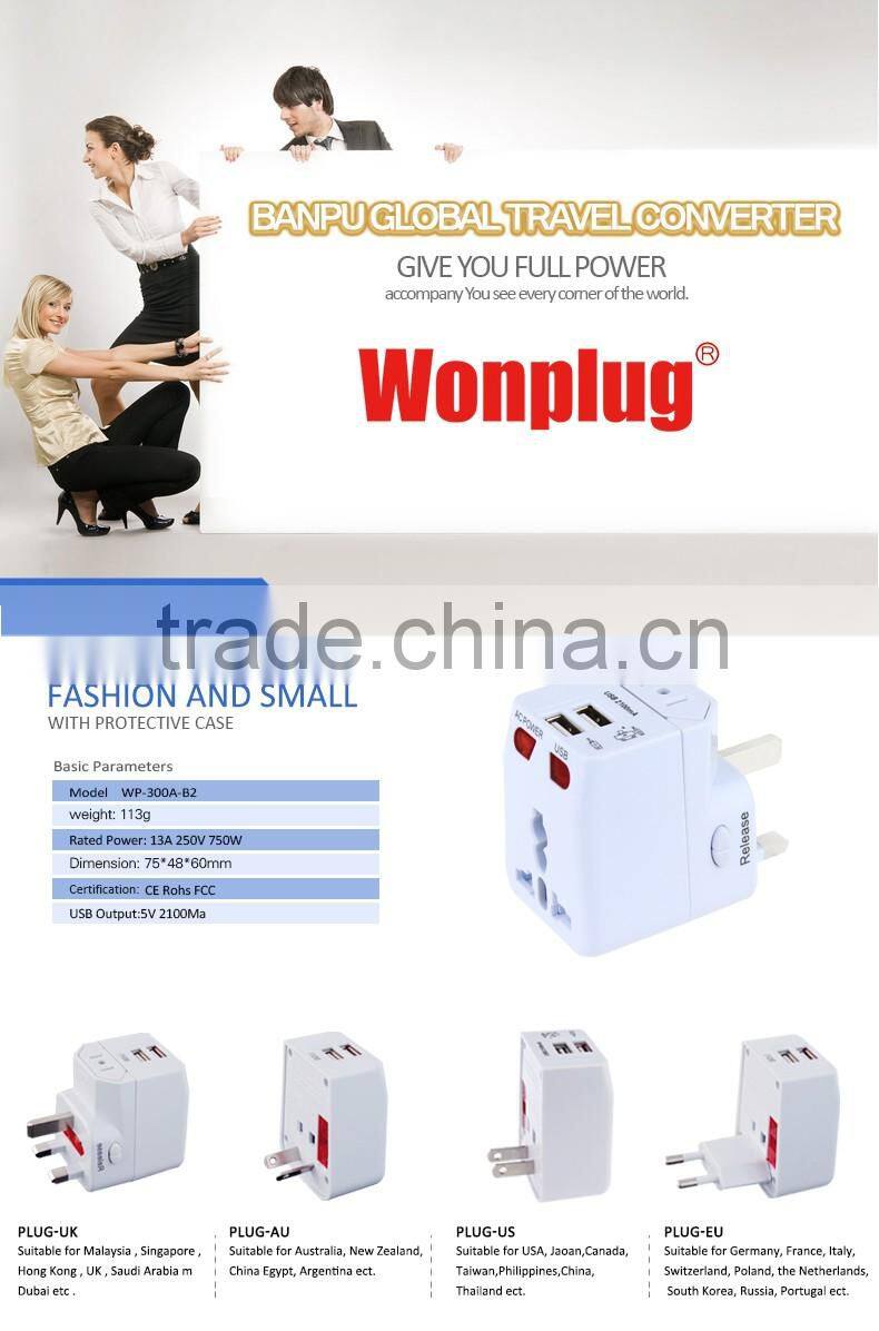 Universal travel adapter with USB charger 2100mA CE,ROHS,FCC compliant guangzhou factory