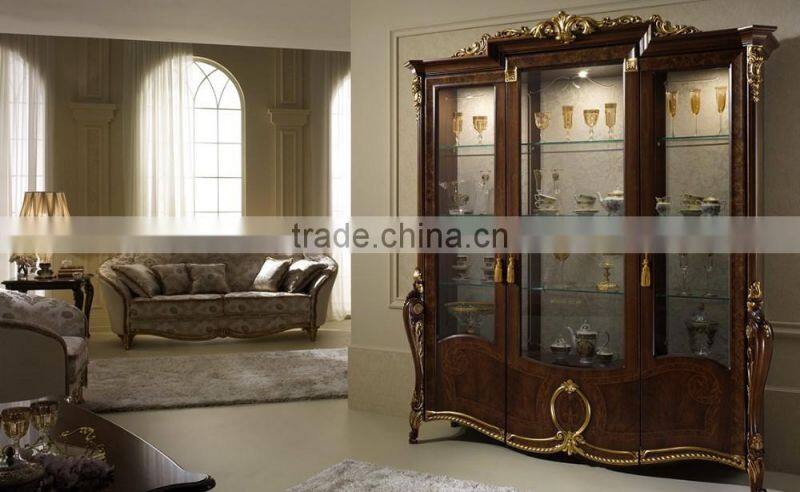 Luxury Solid Wood Wooden and Golden Color Three Door Wine Cabinet/Living Room Classic Display Cabinet(MOQ=1 SET)