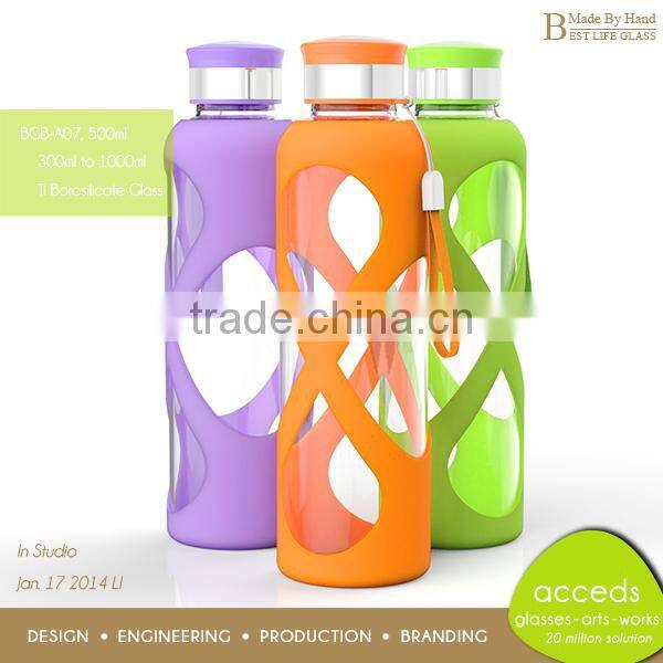 Handmade Promotion Pyrex Glass Water Bottle for Sports BPA free