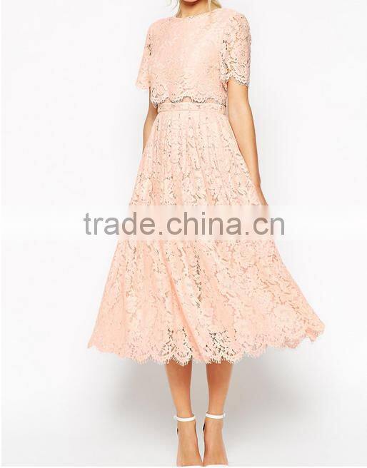 China Guangzhou clothing OEM Scalloped edges Round neckline Crop top Mesh insert Midi women dress