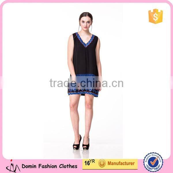 Beaded Embroidery Shift Dress Factory Price Accept Small Order V-neck Sleeveless Dress in Navy Blue Women Dress