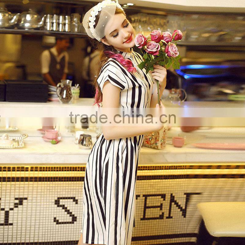 Women fashion short sleeve white and black stripes printing button down loose legging casual romper jumpsuit