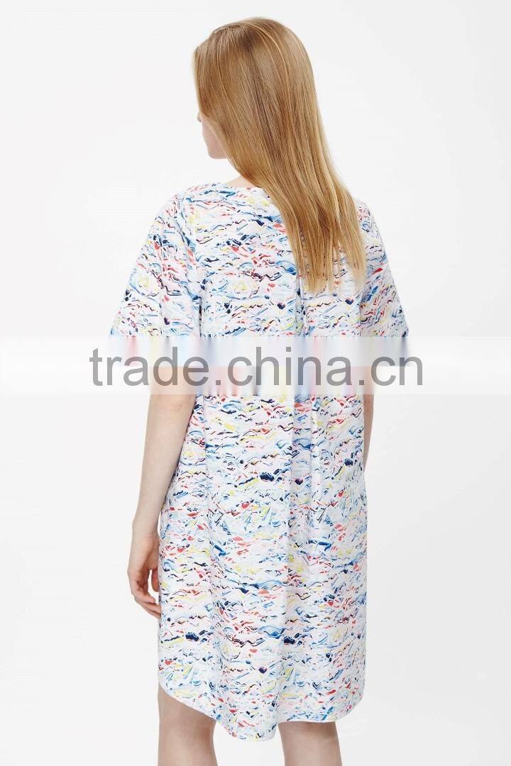 wholesale flared A-line soft women cotton poplin pleat-back printed dress pattern